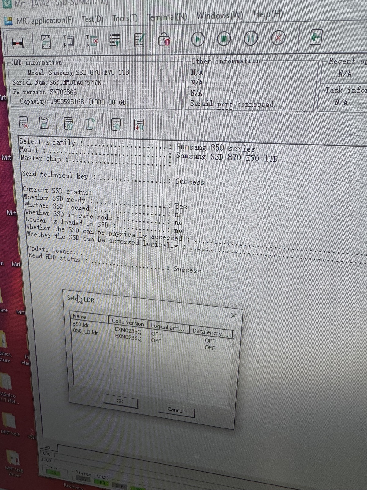 Samsung SSD firmware diagnostic software showing controller access